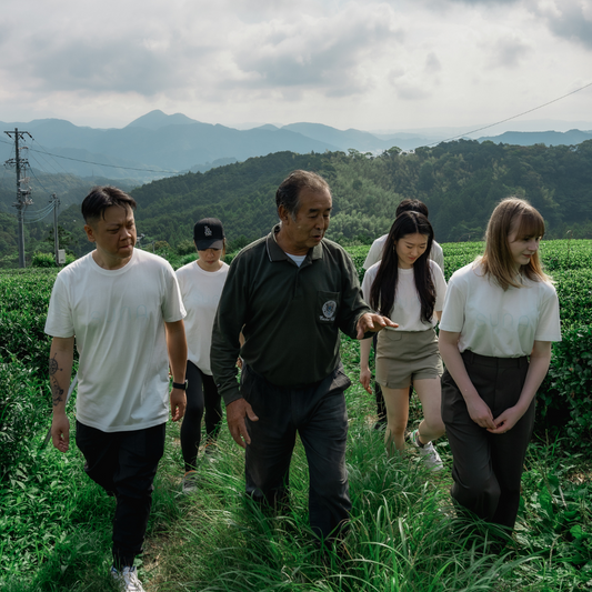 Tea farmer guiding our team through the fields of his green tea farm in Shizuoka, Japan
